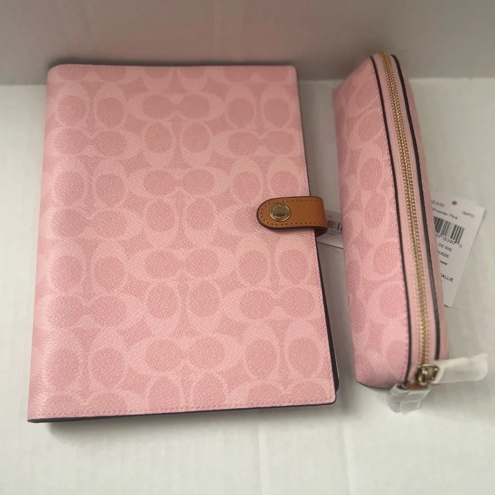 New Coach Notebook In Signature Canvas Gold/Powder Pink CEA49+pencil case CEA52